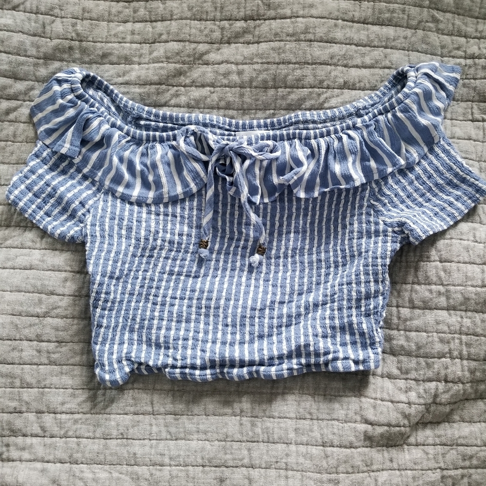 Off The Shoulder Blue Ruffle Crop Top, Size S